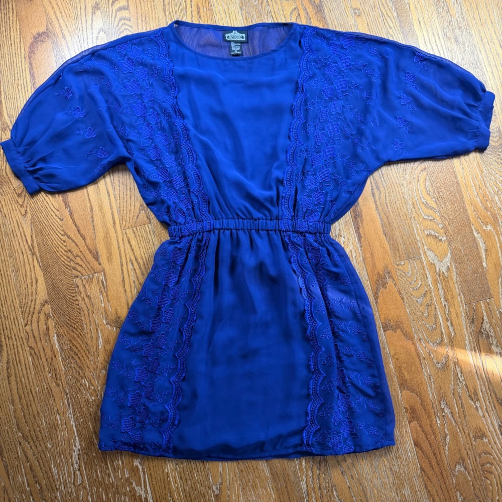 Sheer Lace Romantic Boho Mini Dress Blue Embroidered Womens Small Batwing Sleeve
